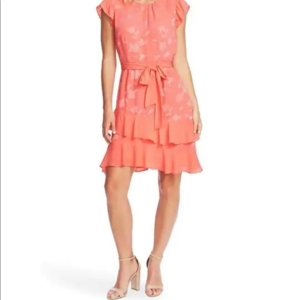 CeCe Clip Floral Flutter Sleeve Dress Guava Orange NWT